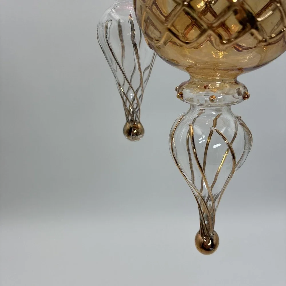 Vintage Hand Blown Glass Finial Christmas Ornaments Red Gold Lattice Set of 2